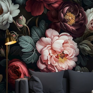Temporary Dark Floral Wall Mural for Room Decoration, Rose Peony Wall Mural for bedroom