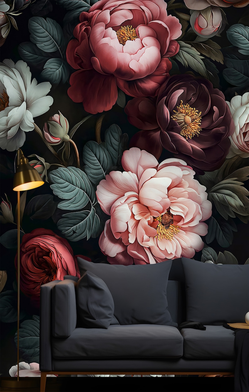 Temporary Dark Floral Wall Mural for Room Decoration, Rose Peony Wall ...