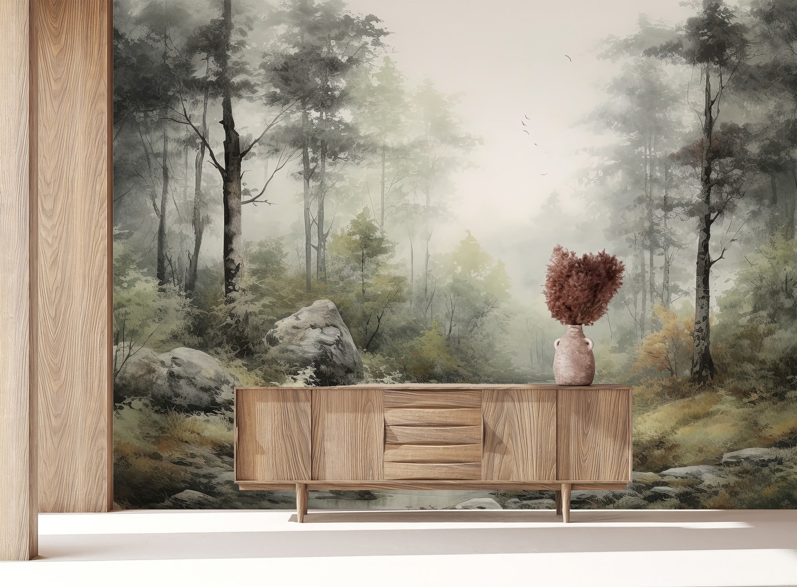 Forest Wallpaper Mural, Foggy Landscape Peel and Stick, Nursery Wall ...
