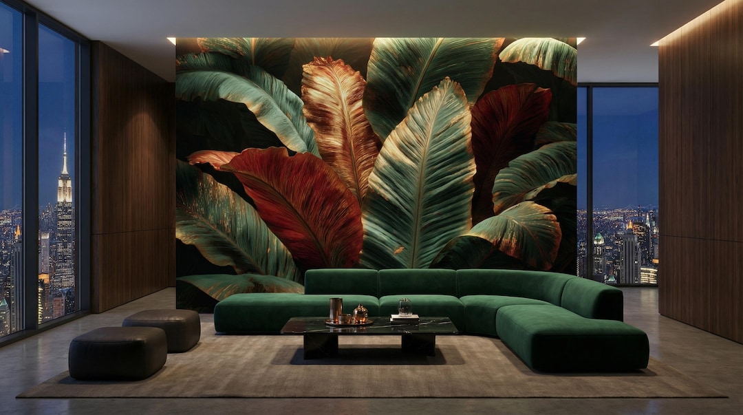 Dark Tropical Wallpaper Peel and Stick Metallic Copper Banana Leaf Wall ...