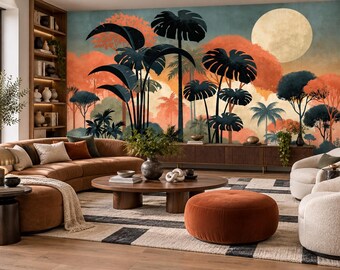 Retro Tropical Sunset Wallpaper Mural | Orange Tree Palm Silhouette Peel and Stick Wall Mural | Mid Century Removable Wallpaper