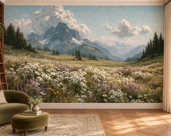 Vintage Daisy Meadow Wallpaper Mural | Alpine Mountain Landscape Peel and Stick Wall Mural | Summer Lavender Removable Wallpaper
