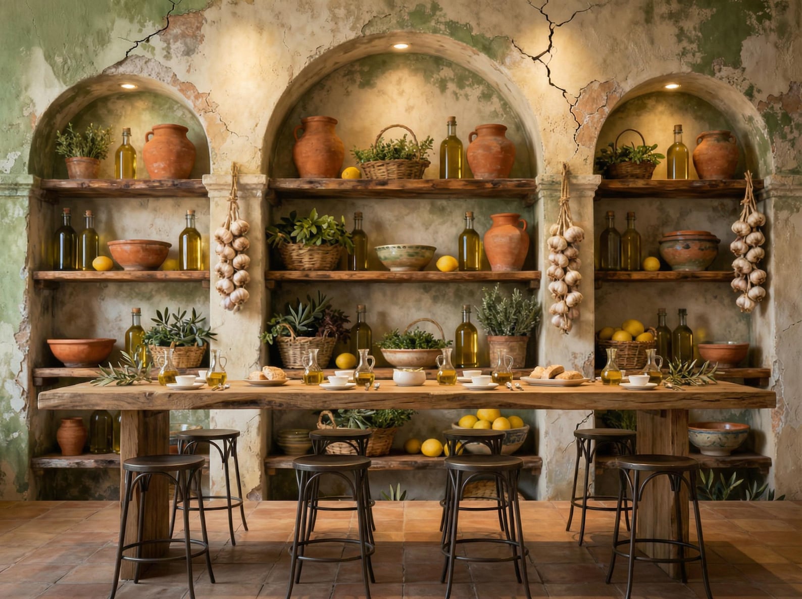 set of three mediterranean kitchen prints | framed... Mediterranean Kitchen Wallpaper, Rustic Faux Stone Mural, 3D Shelf ...