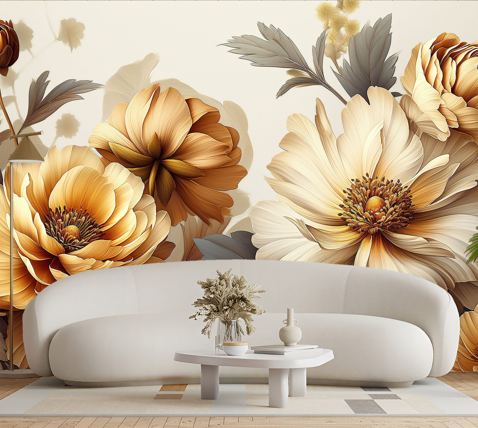 Gold Pastel Peony Wallpaper Peel and Stick, Watercolor Soft Floral Wall ...