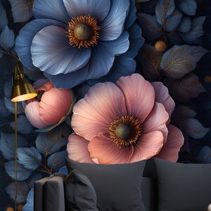Boho Peel and stick Bedroom Decor Dark Floral Removable Peony Wall Mural
