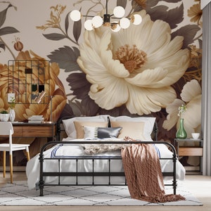 Gold Peony Wallpaper featuring Peel and Stick Watercolor Soft Floral and Peonies Blossom Wall Mura