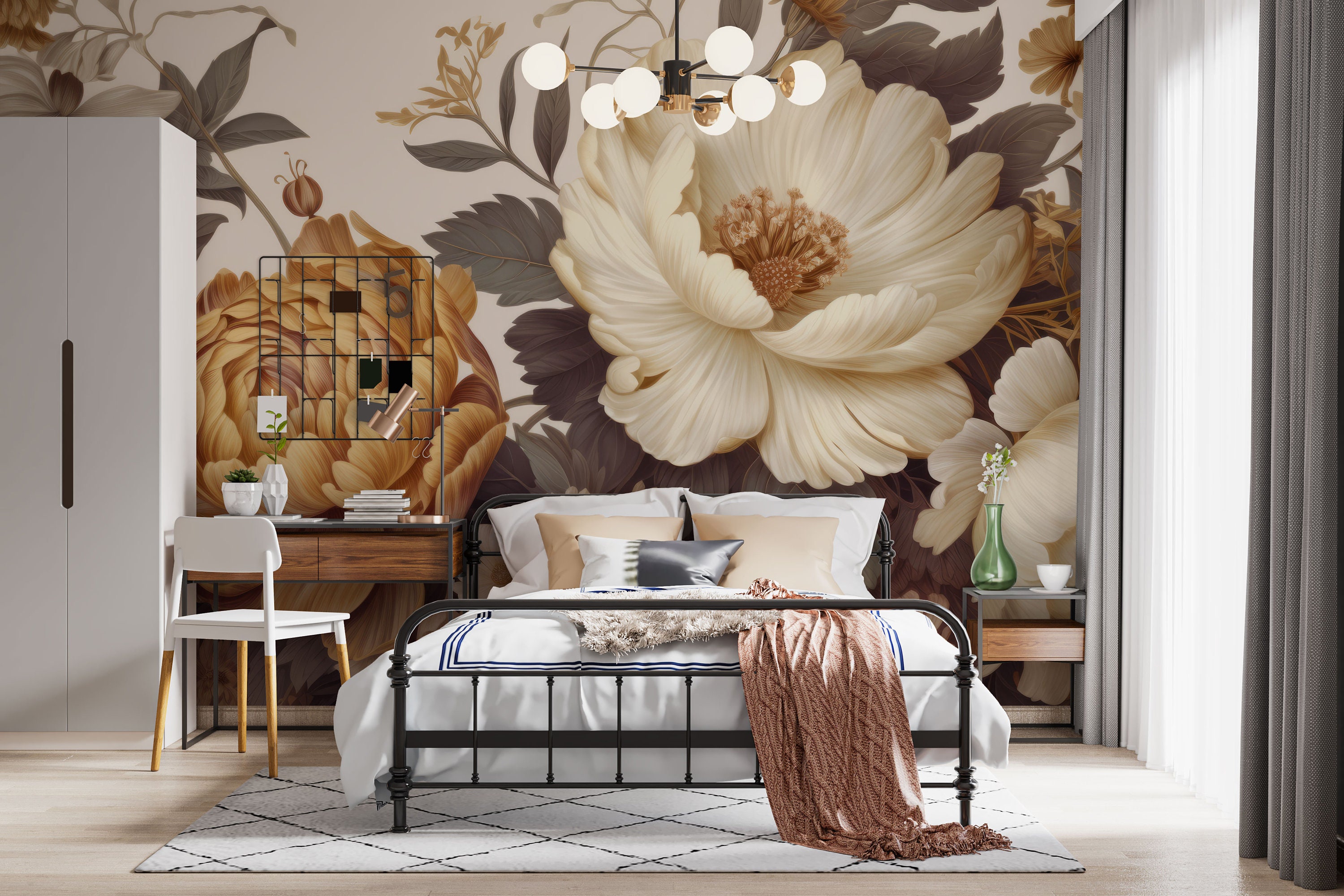 Gold Peony Wallpaper | Peel and Stick | Watercolor Soft Floral | Wall ...