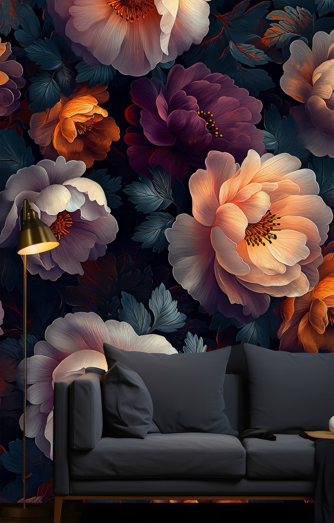 Peel and Stick Dark Floral Wallpaper With Purple Flowers, Wall Mural ...