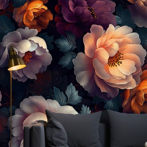 Peel and Stick Dark Floral Wallpaper with Purple Flowers, Wall Mural Luxury Flowers
