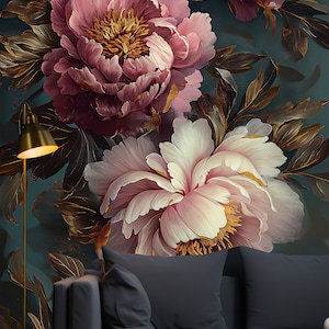 Peel and Stick Dark Floral Mural Beautiful Flowers Decor, Rose Peony Wall Mural