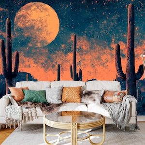 Papel tapiz de cactus del desierto con luna llena: mural autoadhesivo con majestuosos saguaros y cielo estrellado nocturno: arte de pared extraíble no tejido