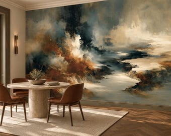 Sage Ochre Abstract Cloudscape Wallpaper Mural | Rust Earth Navy Smoke Peel and Stick Wall Mural | Earthy Abstract Removable Wallpaper