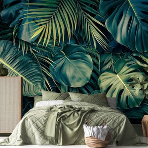 Peel and Stick Dark Tropical Wallpaper | Realistic Jungle Leaves Wall Mural | Monstera Leaf Design