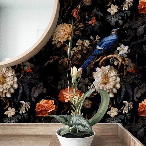 Donker botanisch peel-and-stick behang met vintage vogels en bloemenelegantievogels als thema