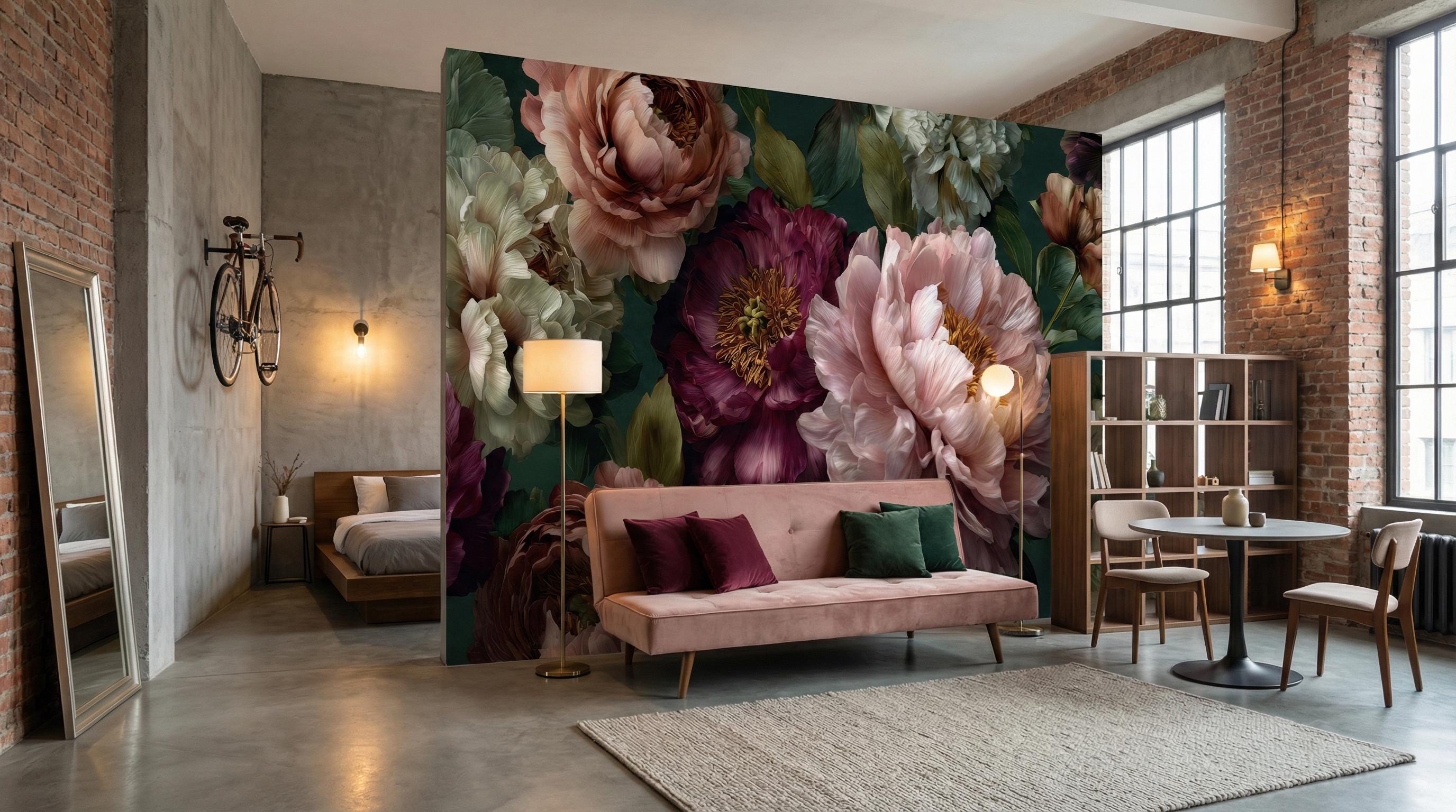 Dark Floral Peel and Stick Wallpaper Moody Green and Pink Peony Wall ...