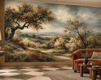 Vintage Golden Orchard Wallpaper Mural | Country Path Barbizon Landscape Peel and Stick Wall Mural | English Countryside Removable Wallpaper