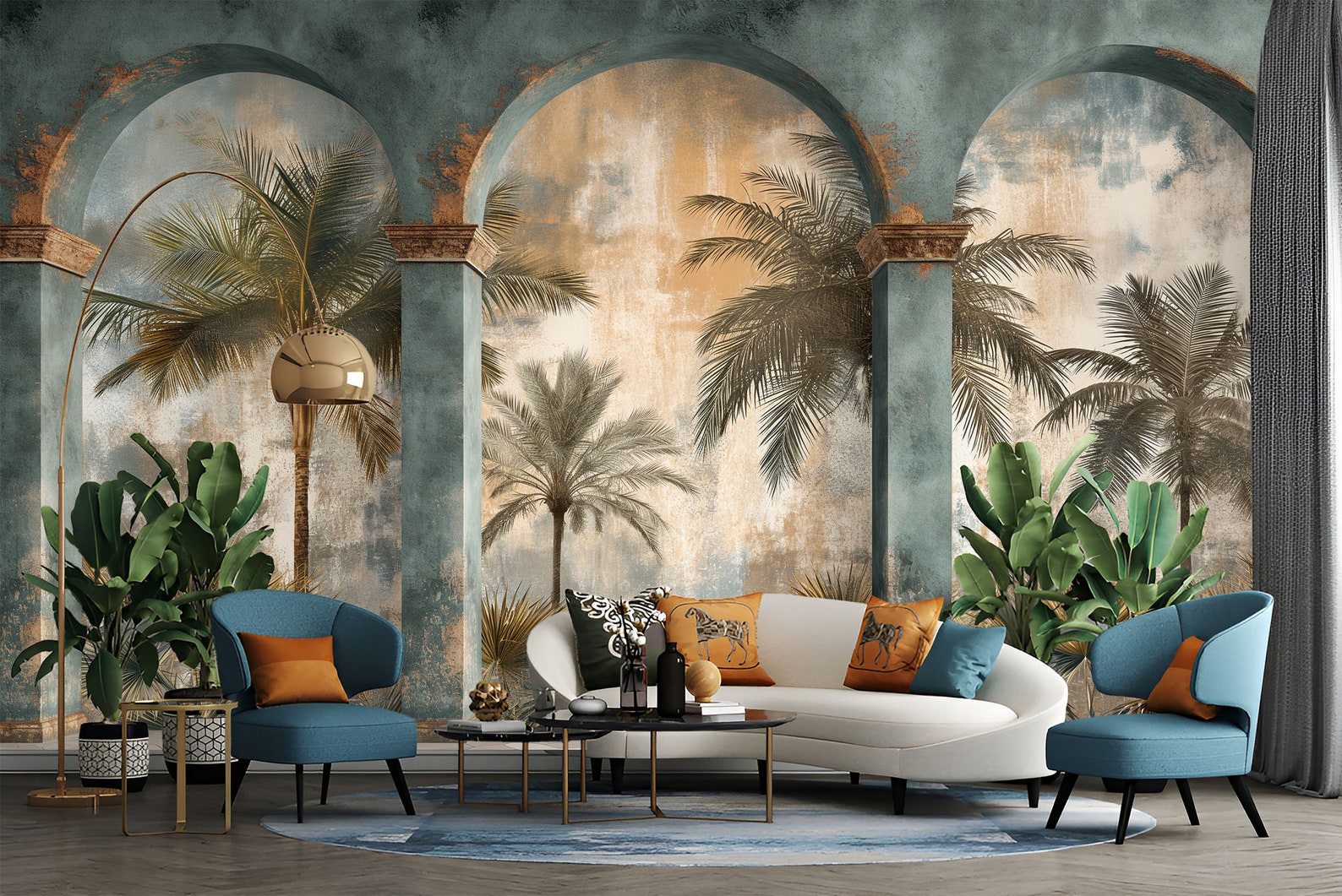 Removable Tropical Wallpaper Mural, Arches and Palm Trees Peel and ...