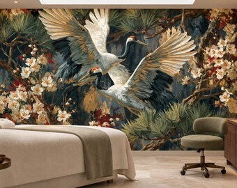 Sage Green Crane Wallpaper Mural | White Blossom Vintage Gold Peel and Stick Wall Mural | Chinoiserie Screen Removable Wallpaper