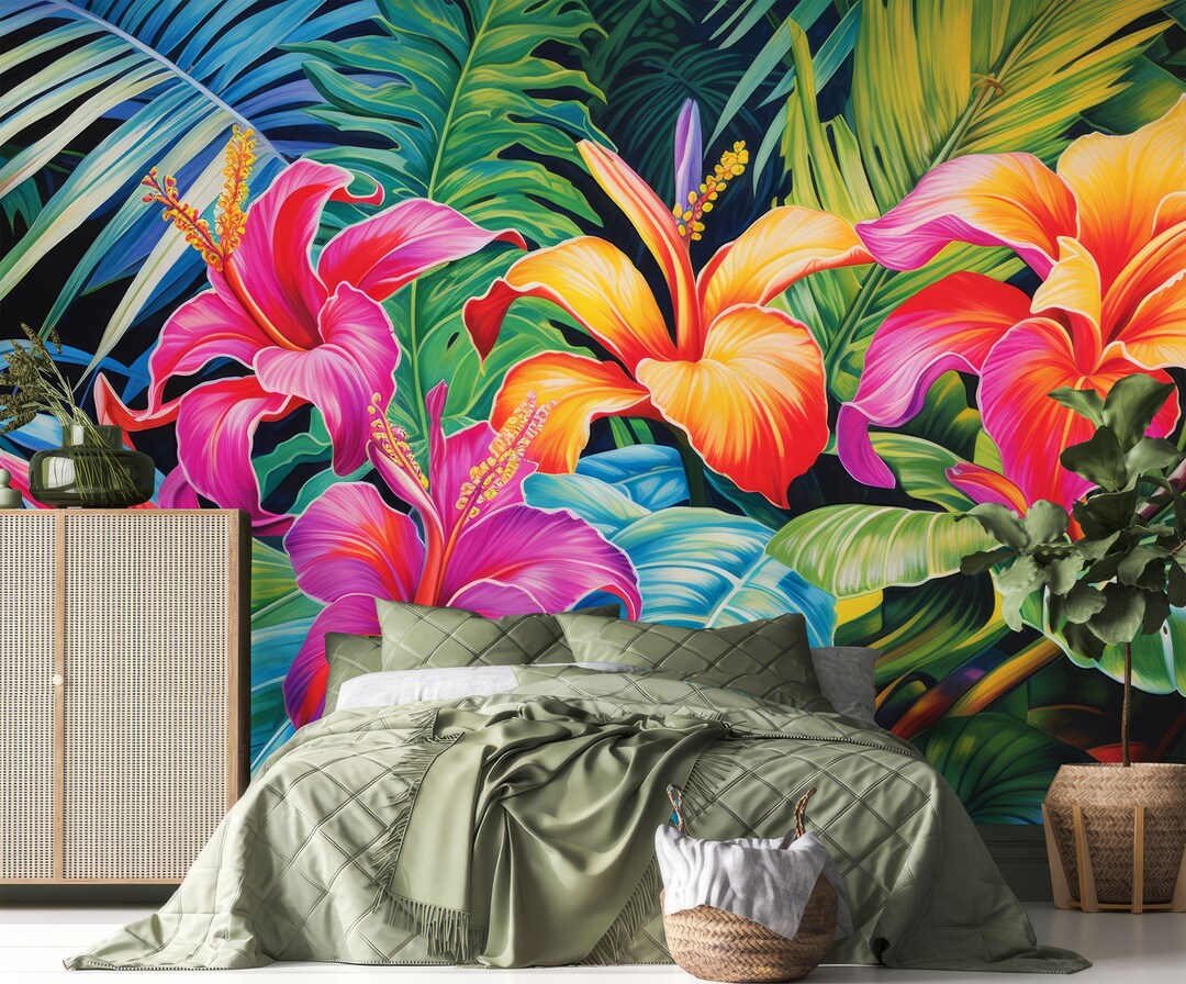 Green Tropical Leaves Removable Wall Mural Peel and Stick Pink Exotic ...
