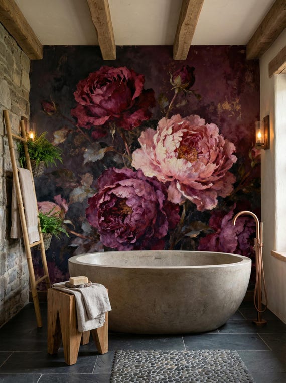 Dark Floral Wallpaper Peel and Stick, Moody Vintage Oil Painting Mural, Burgundy Peony Wall Decor, Dark Academia Bedroom Accent