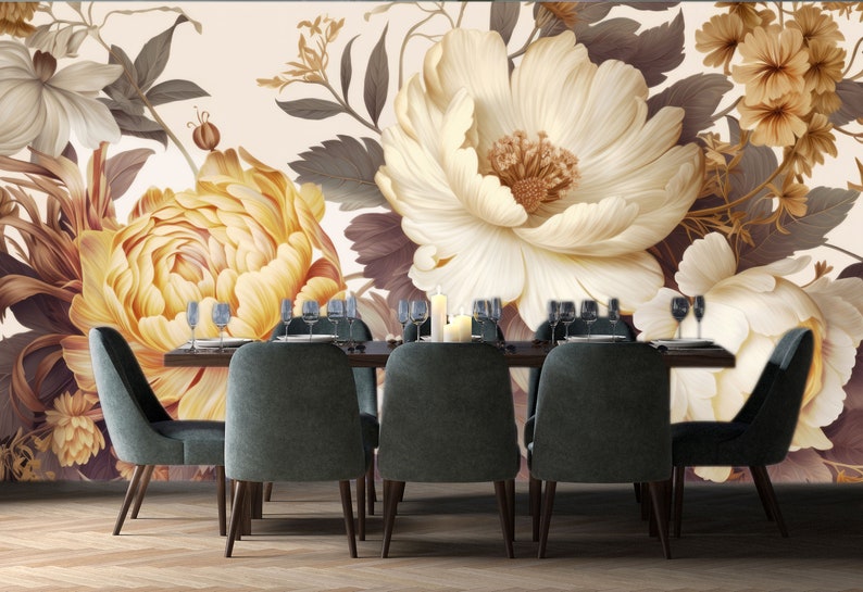 Gold Peony Wallpaper featuring Peel and Stick Watercolor Soft Floral and Peonies Blossom Wall Mura