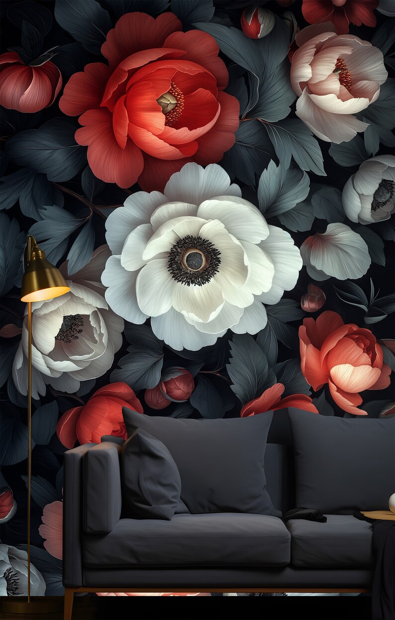 Dark Botanical Removable Wall Mural With Flowers Peel and Stick – Moody ...