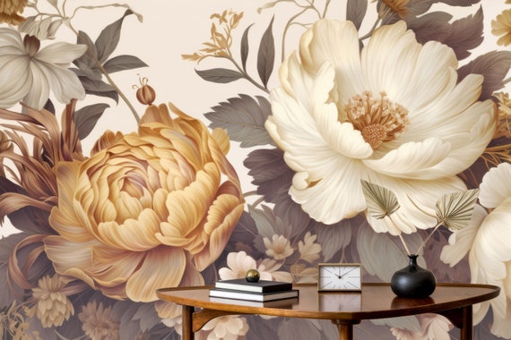 Gold Peony Wallpaper | Peel and Stick | Watercolor Soft Floral | Wall Mural | Peonies Blossom