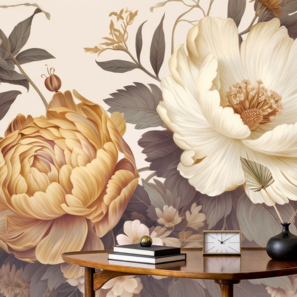 Gold Peony Wallpaper | Peel and Stick | Watercolor Soft Floral | Wall Mural | Peonies Blossom