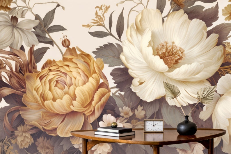 Gold Peony Wallpaper featuring Peel and Stick Watercolor Soft Floral and Peonies Blossom Wall Mura