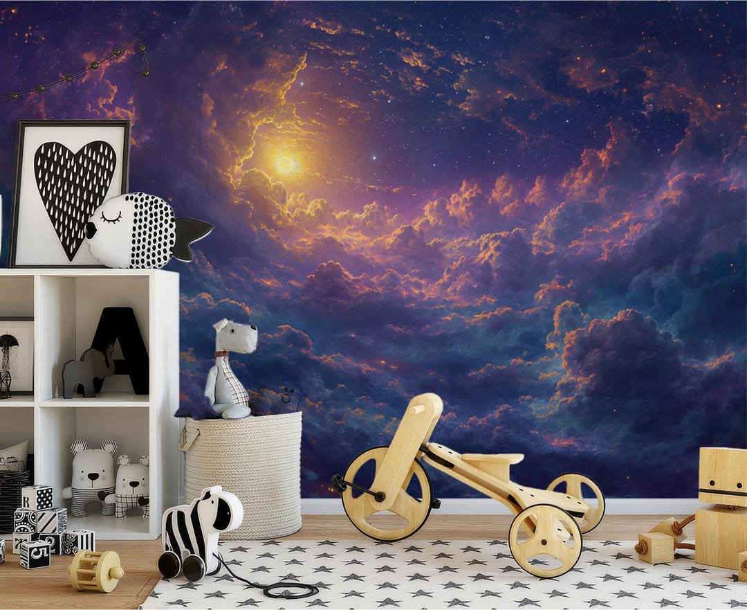 Celestial Clouds and Stars Wallpaper - Peel and Stick Mural | Non-woven ...