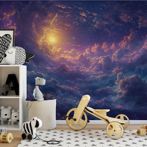Celestial Clouds and Stars Wallpaper - Peel and Stick Mural | Non-Woven Fantasy Sky with Radiant Sun for Dreamy Bedroom or Kids Room