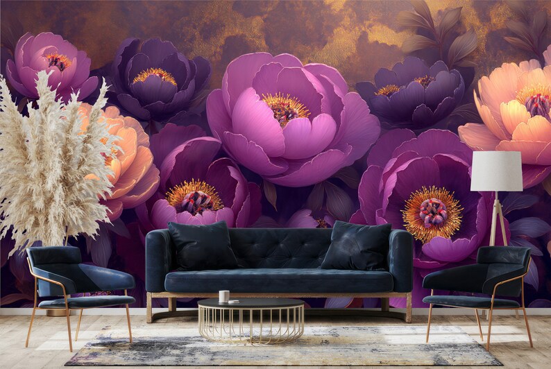 Elegant Floral Peonies Wallpaper - Abstract Purple and Peach Flower ...