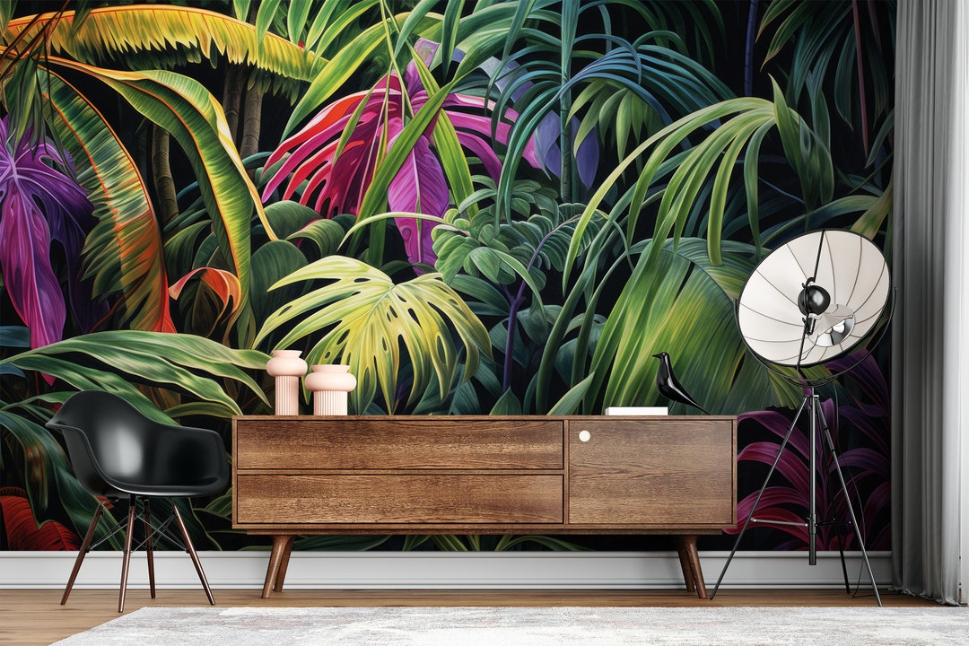 Vintage Exotic Leaves and Birds Removable Wall Mural Tropical Peel and ...