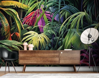 May include: A dark background with a large-scale tropical leaf print wallpaper featuring vibrant green, yellow, pink, and purple leaves. A black chair and a wooden cabinet are in the foreground.
