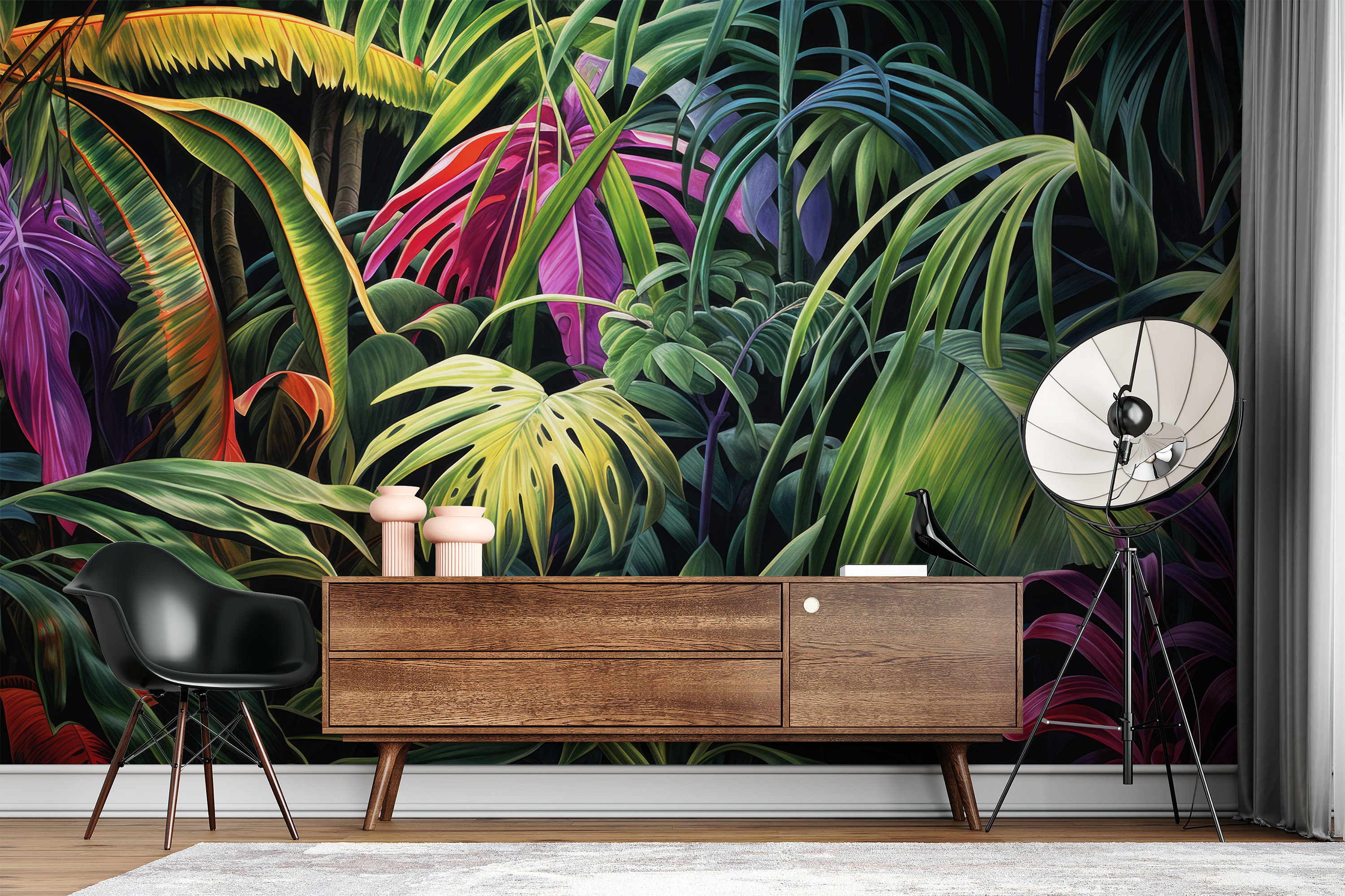 Vintage Exotic Leaves and Birds Removable Wall Mural Tropical Peel and ...
