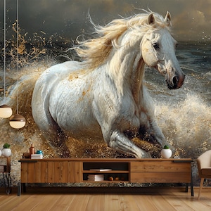 Peel and stick wallpaper mural featuring a majestic white horse splashing through water with flowing mane and droplets captured mid-motion, perfect for adding a bold, nature-inspired statement to a living room or bedroom