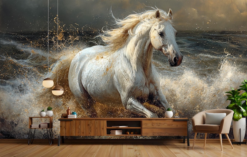 Peel and stick wallpaper mural featuring a majestic white horse splashing through water with flowing mane and droplets captured mid-motion, perfect for adding a bold, nature-inspired statement to a living room or bedroom