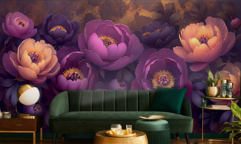 Elegant Floral Peonies Wallpaper - Abstract Purple and Peach Flower ...