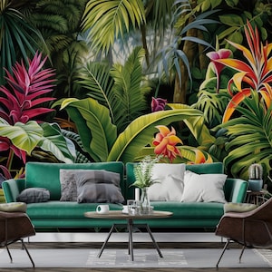 Tropischer Dschungel Pflanzen Banane Palmen Regenwald Blumen Hintergrund Tapete Selbstklebendes Schälen und Aufkleben Wandaufkleber Wanddekoration