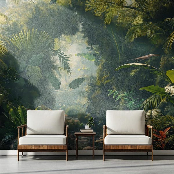 Beautiful Rainforest Wall Mural – Vibrant Green Jungle Wallpaper for Your Living Room, Spa, and Office – Lush Tropical Renters Friendly