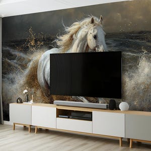 Nature-inspired wallpaper featuring a lifelike white horse charging through splashing waves, styled to add a dynamic and dramatic atmosphere to bedrooms or living spaces