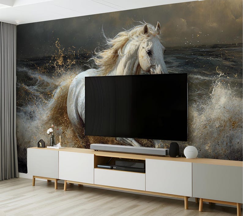 Nature-inspired wallpaper featuring a lifelike white horse charging through splashing waves, styled to add a dynamic and dramatic atmosphere to bedrooms or living spaces