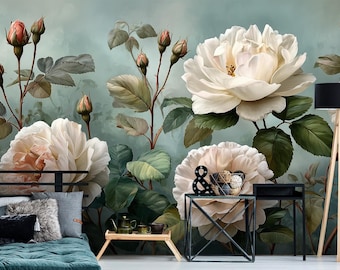 Carta da parati murale con rose bianche – Fiori da giardino romantici con foglie verdi / Decorazione murale floreale vintage rimovibile con stacca e attacca
