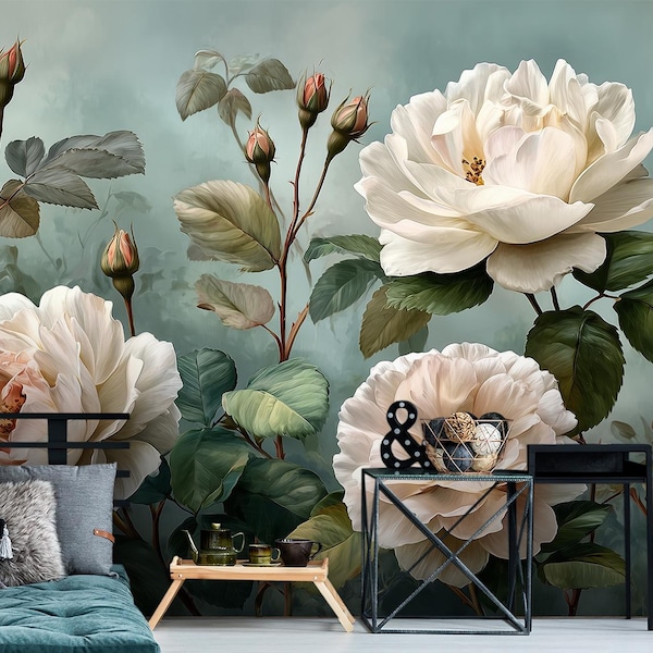 White Rose Wallpaper Mural – Romantic Garden Flowers with Green Leaves | Peel and Stick Removable Vintage Floral Wall Decor