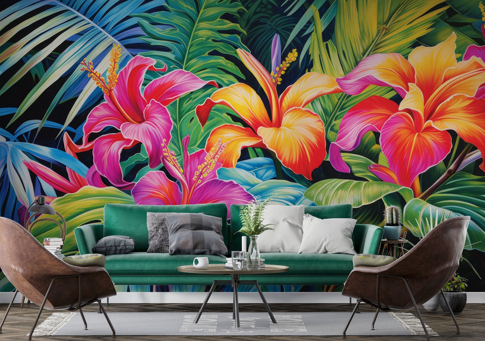 Green Tropical Leaves Removable Wall Mural Peel and Stick Pink Exotic ...