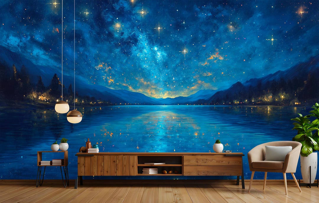 Starry Night Lake Wallpaper Mural - Peel and Stick Removable Wall Art ...