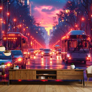 Carta da parati vivace City Street at Dusk – murale urbano notturno staccabile e attaccabile per interni moderni