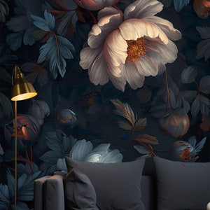 Decorazione floreale di lusso, stacca e attacca, murale floreale scuro, carta da parati blu navy