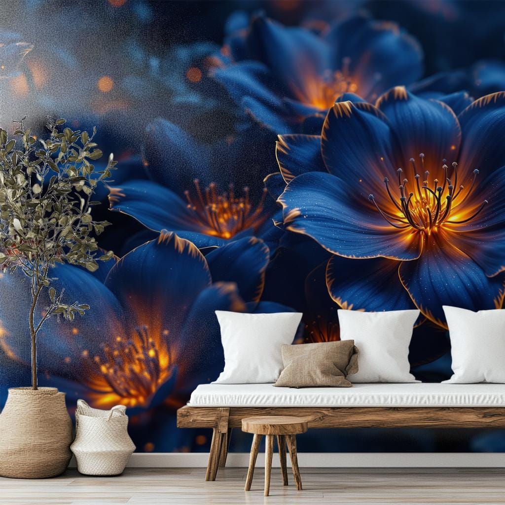 Luxury Flower Wallpaper - Deep Blue & Gold Floral Mural, Radiant ...