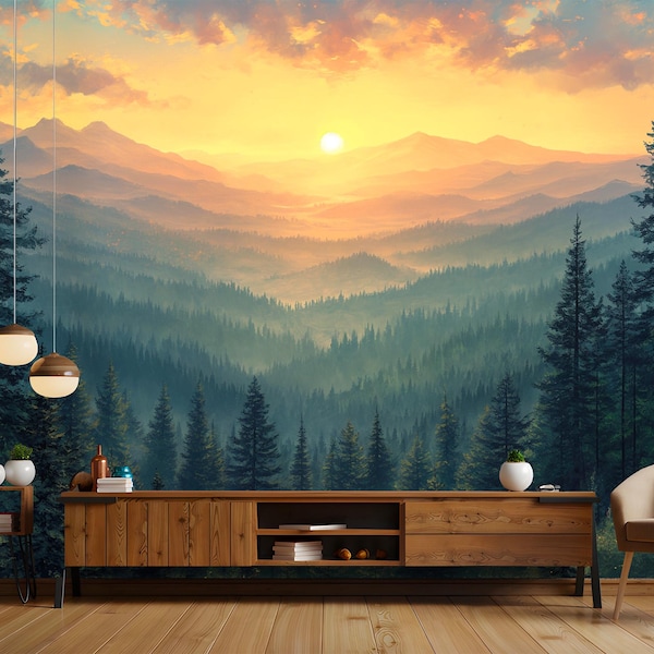 Papel de Parede Removível com Paisagem Panorâmica do Nascer do Sol na Natureza Selvagem - Mural de Parede Deslumbrante com Paisagem Florestal - Cena Natural para Salas de Estar
